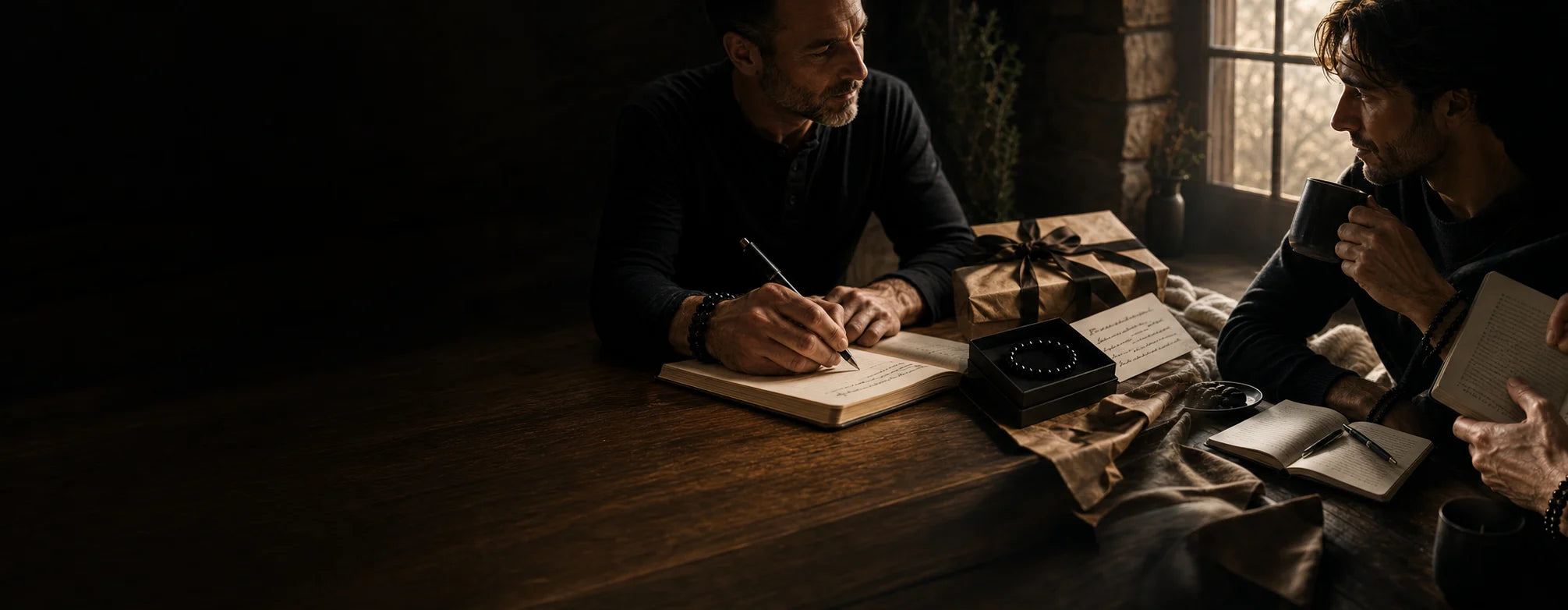 Natural-stone bracelets, a handwritten note, and a quiet moment shared at a table